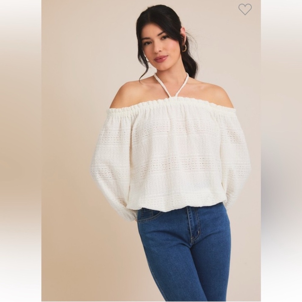 Ivory Off-Shoulder 3/4 Sleeve Tie Neck Top